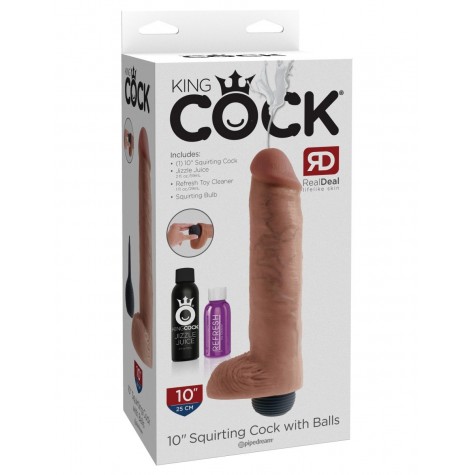 Кофейный фаллоимитатор King Cock 10" Squirting Cock с эффектом эякуляции - 25,4 см.